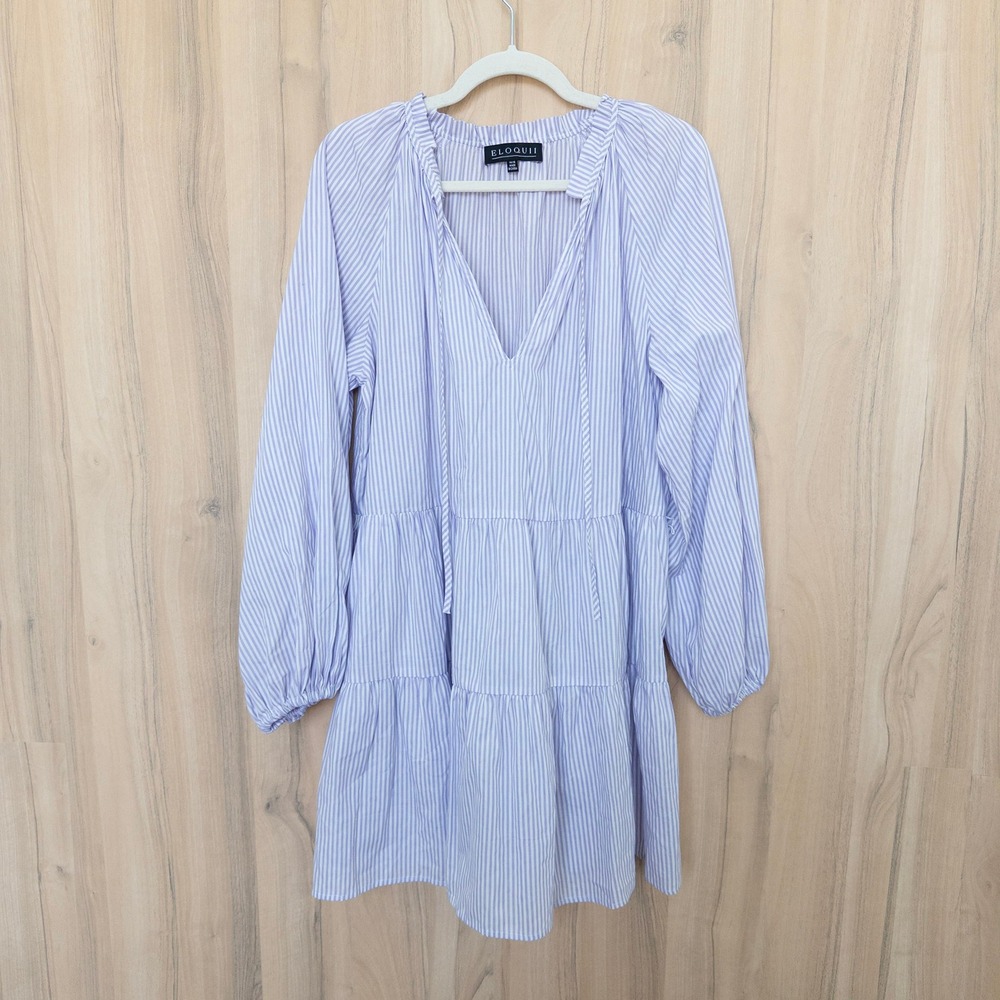 Eloquii Striped Tiered Mini Dress 14/16 Purple Long Sleeve Cotton Cottage Preppy